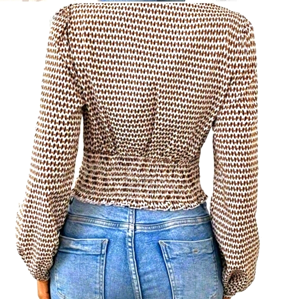 Bohemian Blouse Brown White Houndstooth Print Lantern Long Sleeve Fall Top - Picture 4 of 10